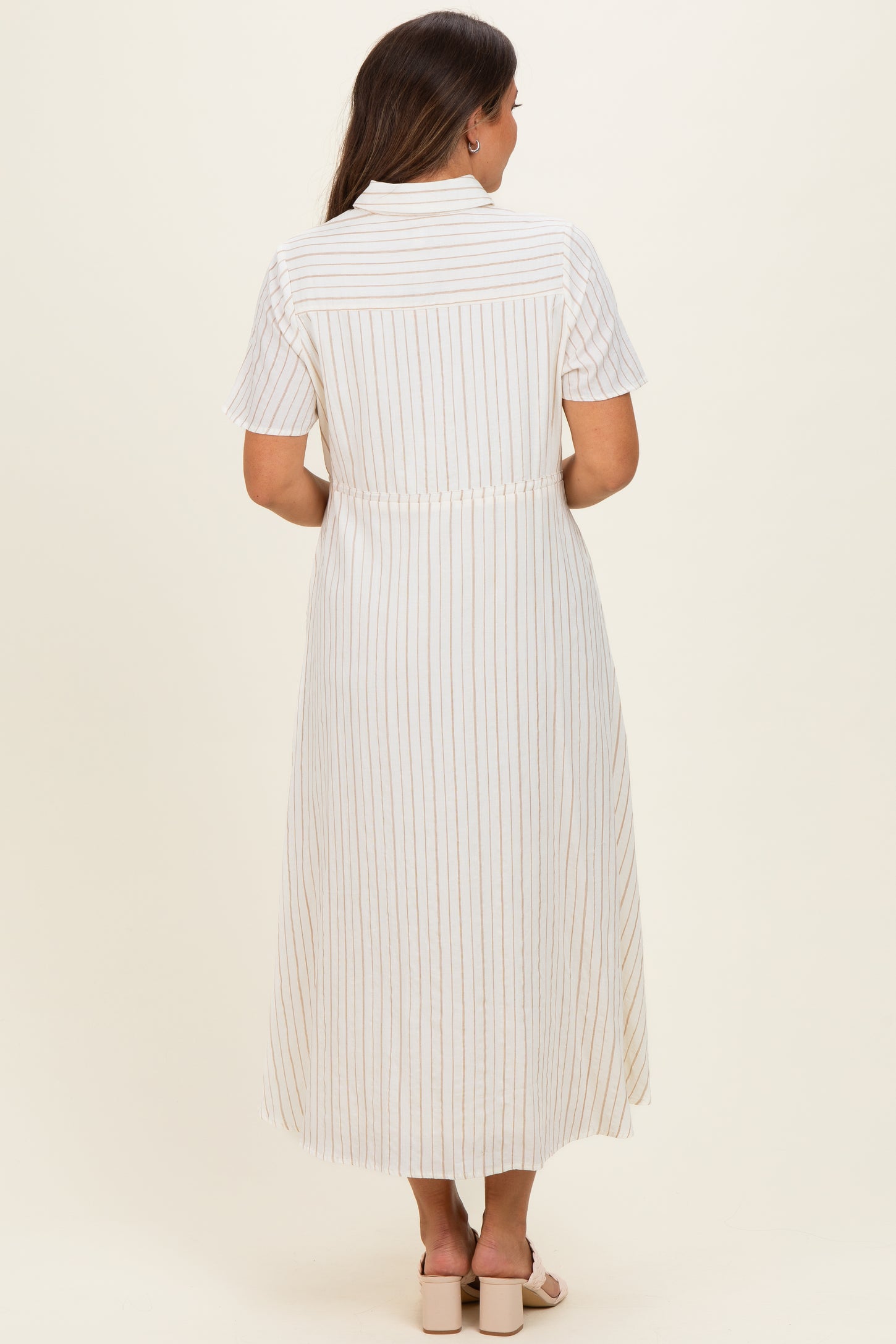 Ivory Striped Waist Tie Maternity Shirt Dress