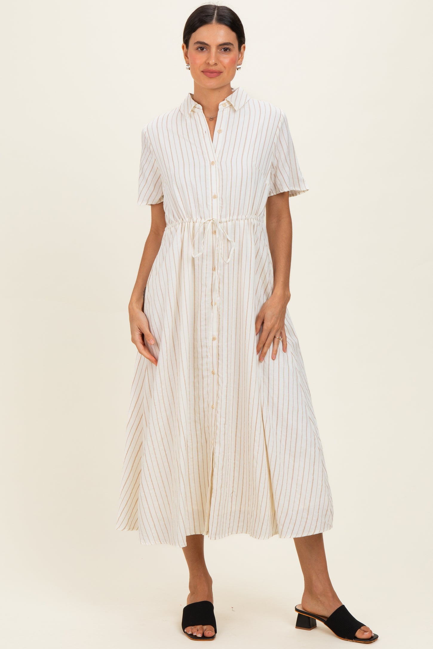 Ivory Striped Waist Tie Shirt Dress