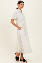 Ivory Striped Waist Tie Shirt Dress