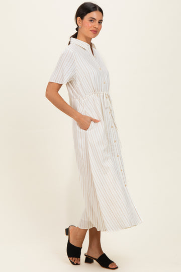 Ivory Striped Waist Tie Shirt Dress
