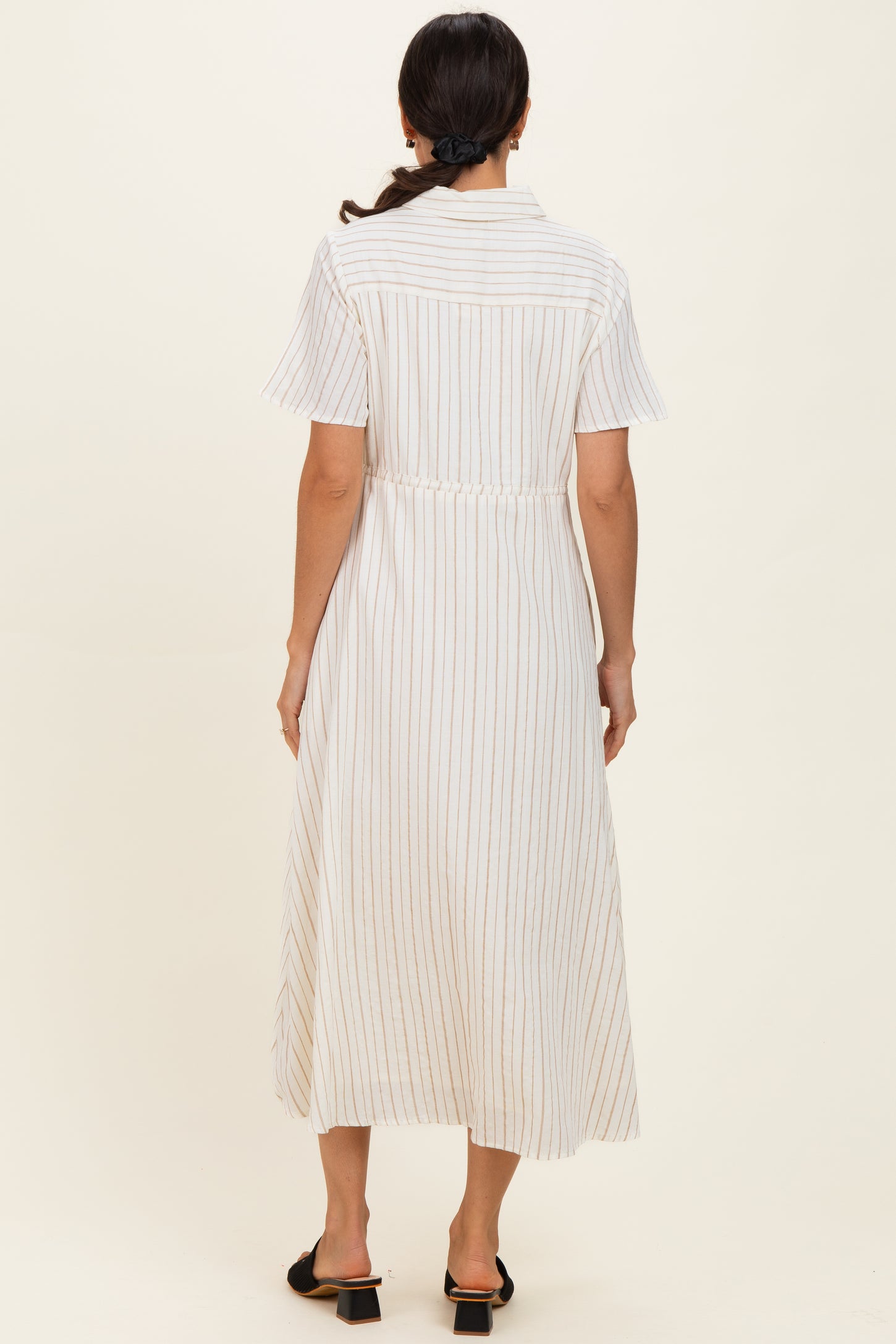 Ivory Striped Waist Tie Shirt Dress