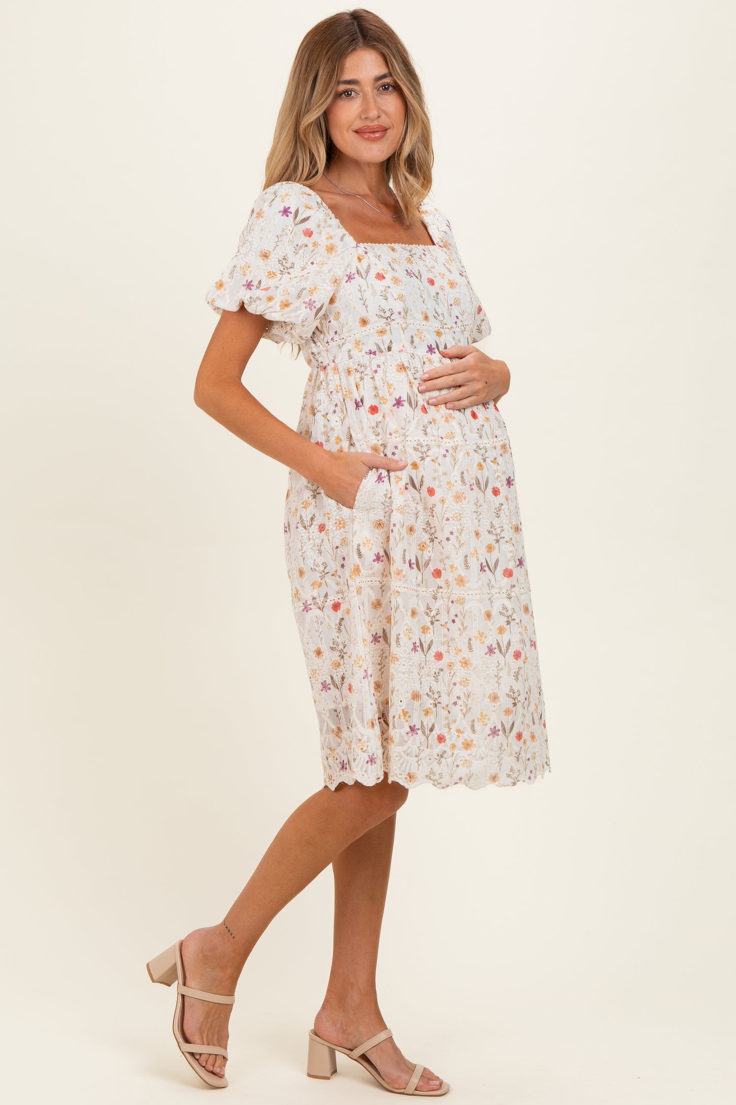 Ivory Floral Embroidered Maternity Mini Dress