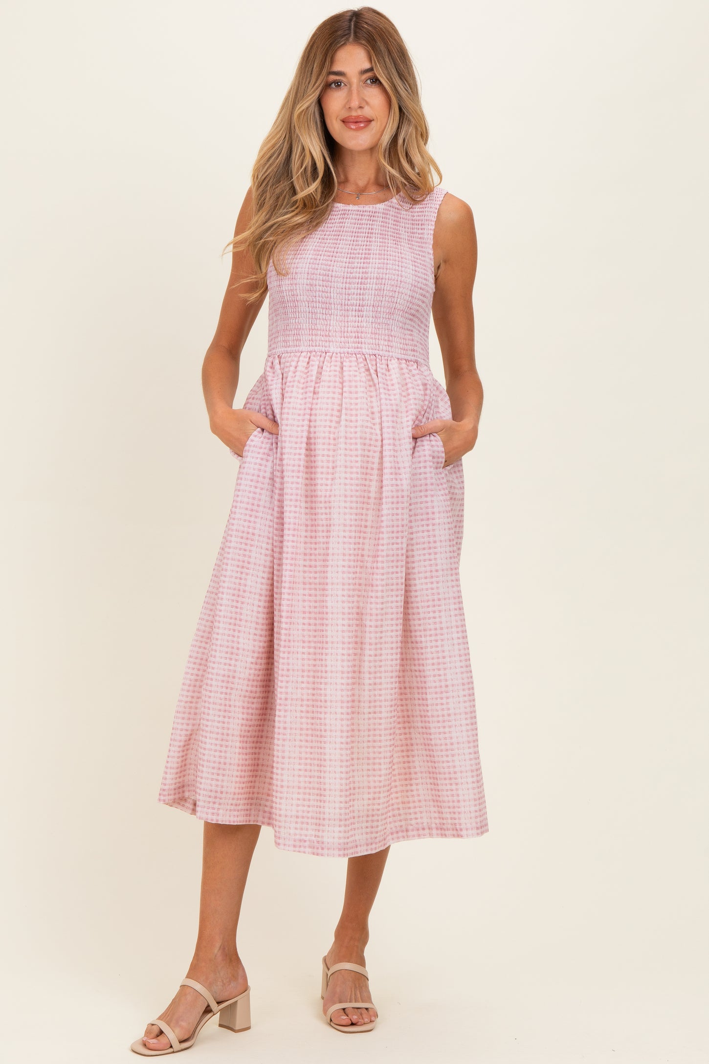 Blush Gingham Sleeveless Smocked Maternity Midi Dress