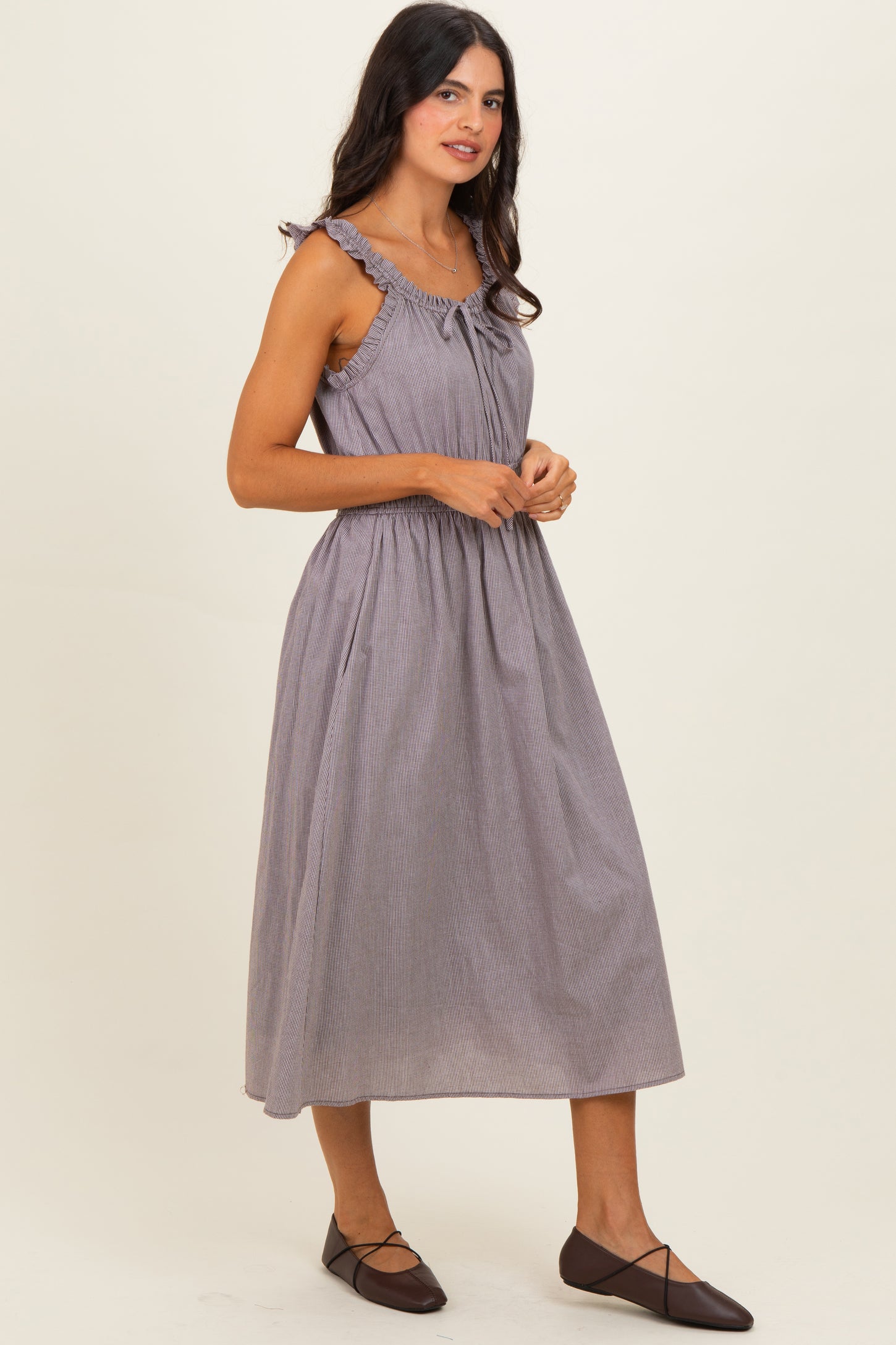 Brown Cinched Waist Front Tie Midi Dress