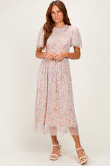 Cream Floral Smocked Midi Dress