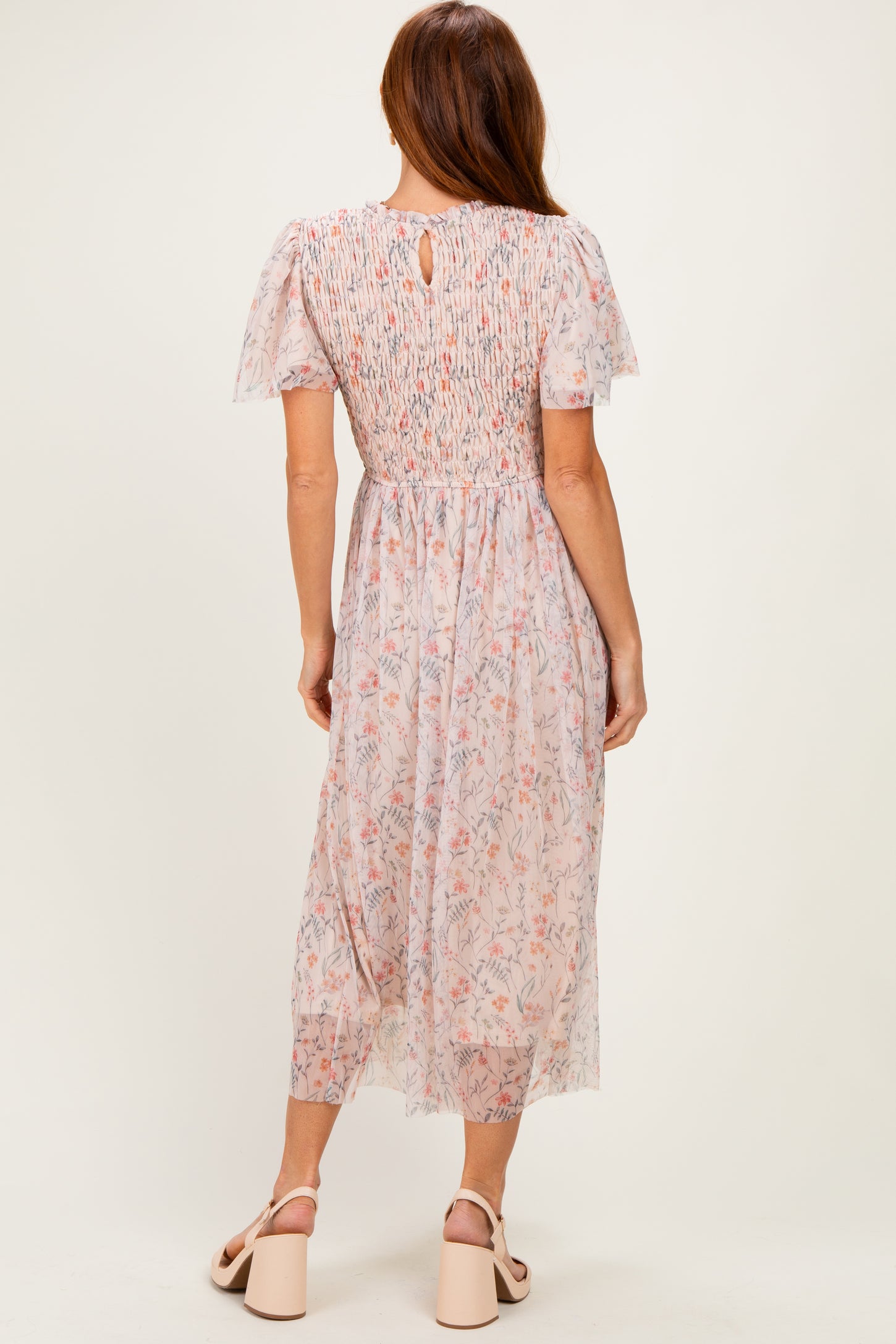Cream Floral Smocked Midi Dress
