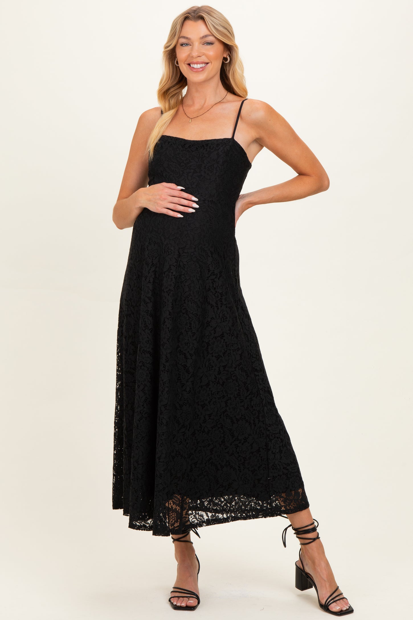 Black Lace Sleeveless Maternity Midi Dress