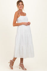Off White Eyelet Lace Cutout Tie Back Maternity Midi Dress