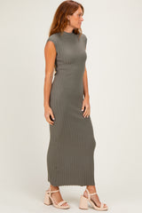 Olive Ribbed Knit Mock Neck Maxi Dress