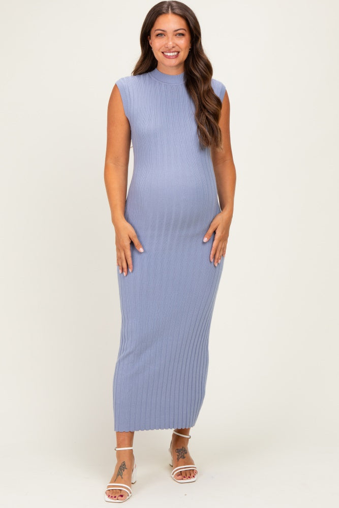 Blue Ribbed Knit Mock Neck Maternity Maxi Dress