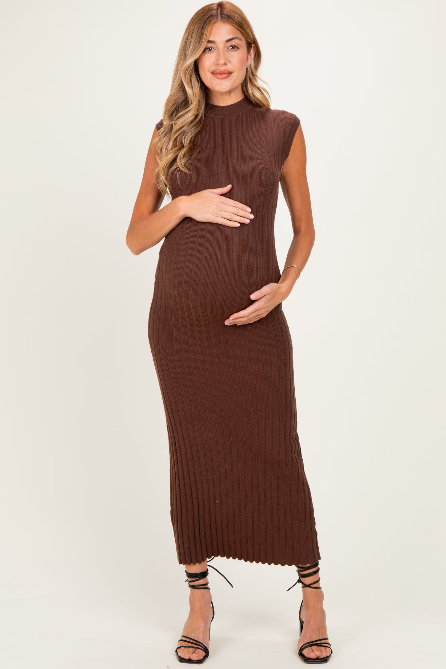 Chocolate Ribbed Knit Mock Neck Maternity Maxi Dress