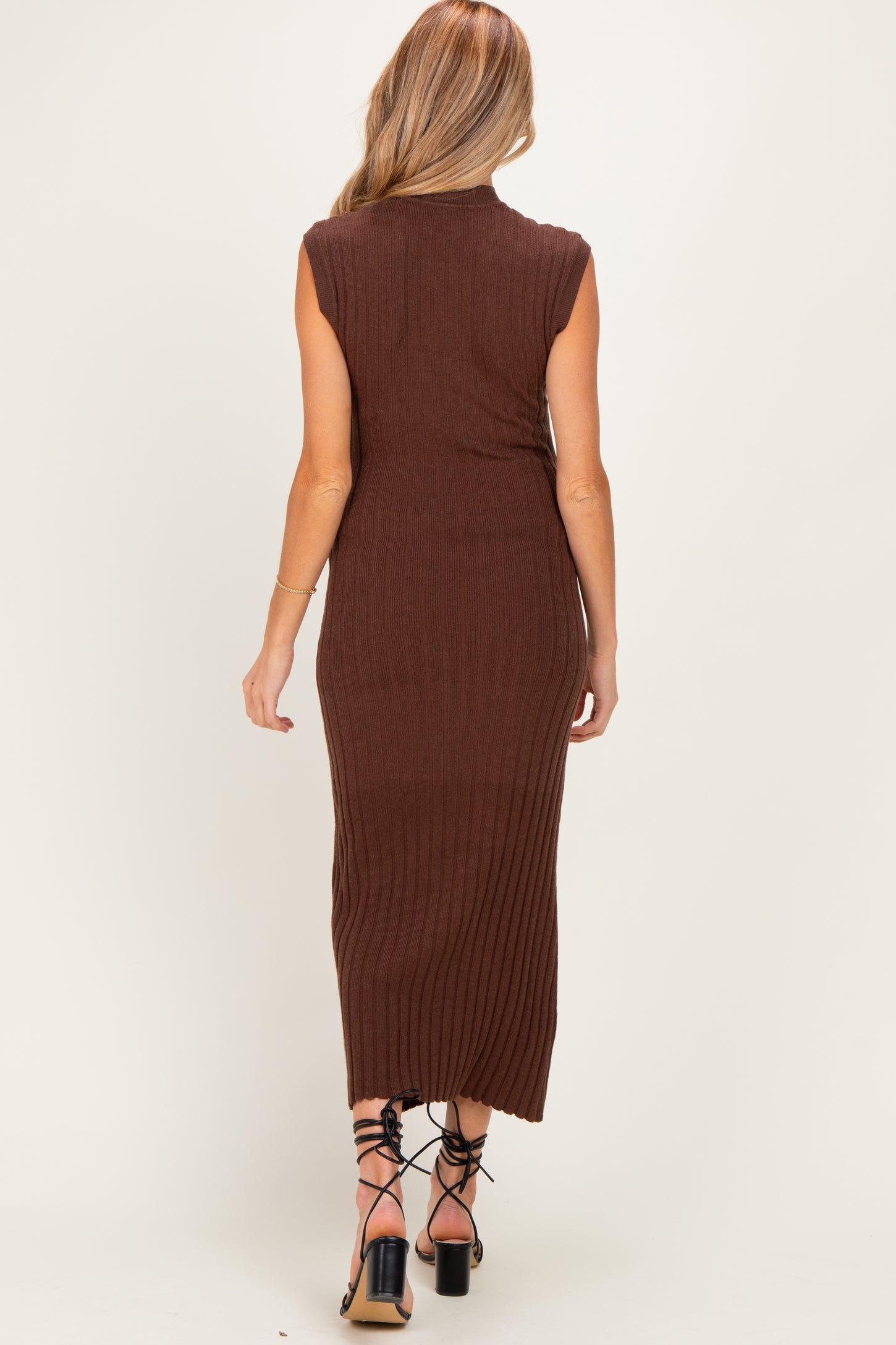 Chocolate Ribbed Knit Mock Neck Maternity Maxi Dress
