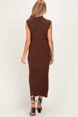 Chocolate Ribbed Knit Mock Neck Maternity Maxi Dress