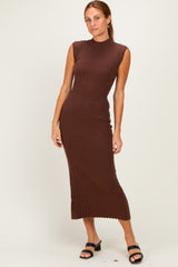 Chocolate Ribbed Knit Mock Neck Maternity Maxi Dress