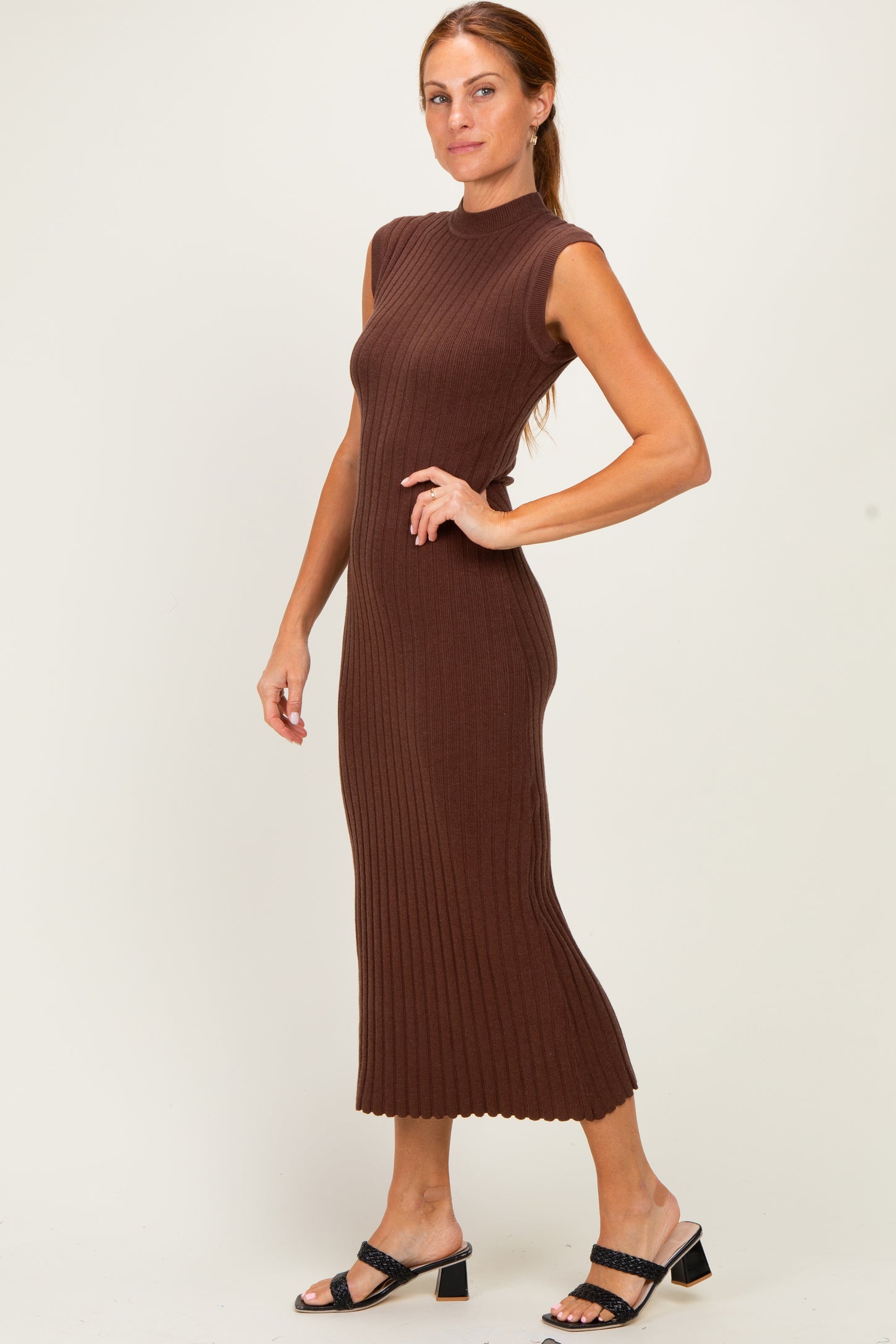 Chocolate Ribbed Knit Mock Neck Maxi Dress