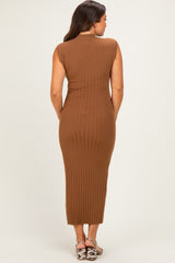 Mocha Ribbed Knit Mock Neck Maternity Maxi Dress