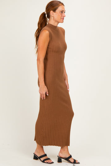 Mocha Ribbed Knit Mock Neck Maxi Dress