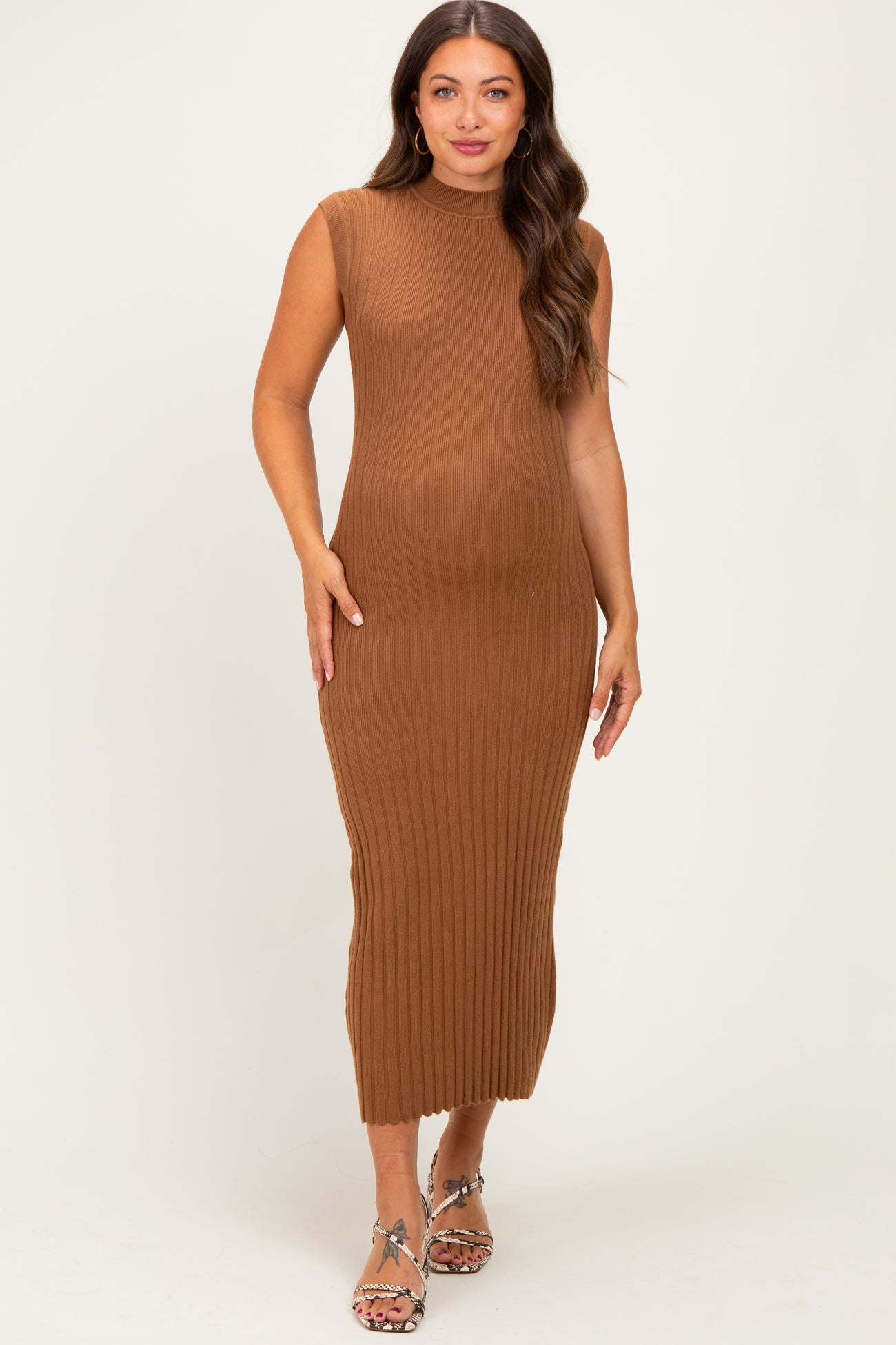 Mocha Ribbed Knit Mock Neck Maternity Maxi Dress