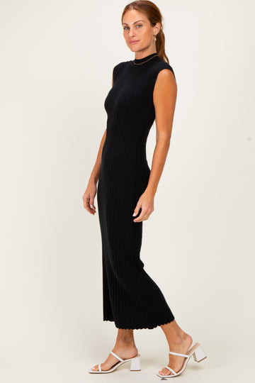 Black Ribbed Knit Mock Neck Maxi Dress