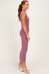 Mauve Ribbed Knit Mock Neck Maxi Dress