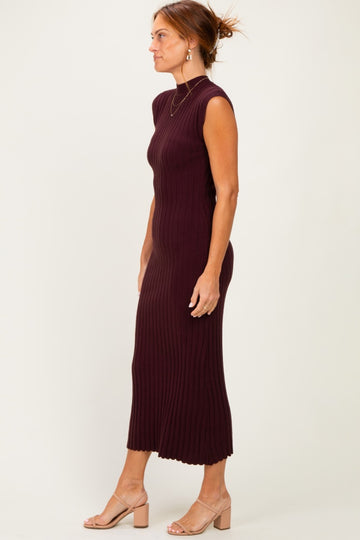 Burgundy Ribbed Knit Mock Neck Maxi Dress
