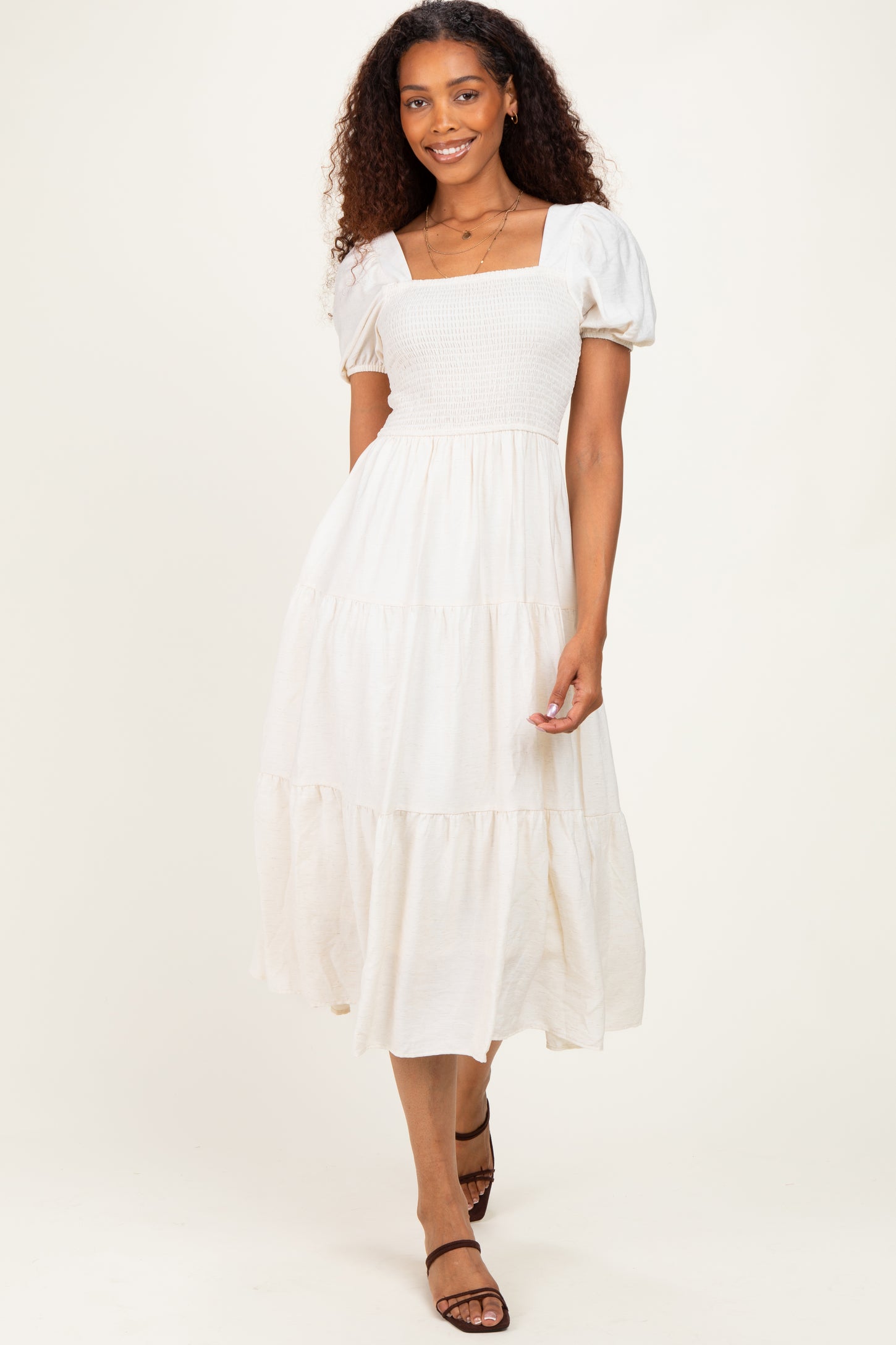 Natural Smocked Puff Sleeve Tiered Linen Midi Dress