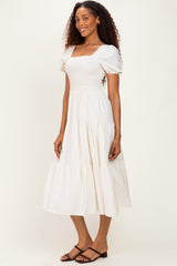 Natural Smocked Puff Sleeve Tiered Linen Midi Dress