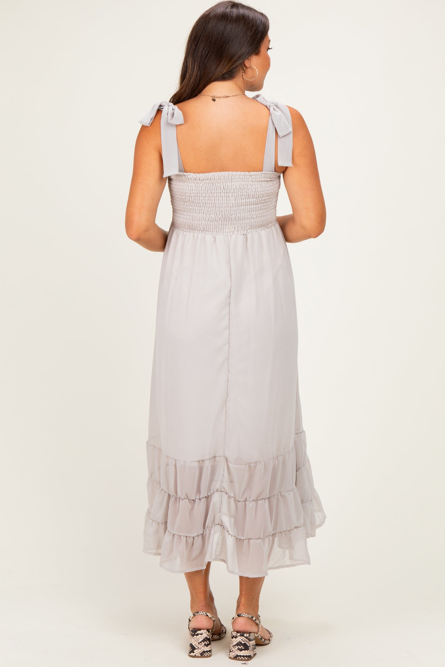 Stone Smocked Shoulder Tie Maternity Maxi Dress