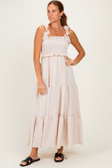 Beige Sleeveless Smocked Tiered Maxi Dress