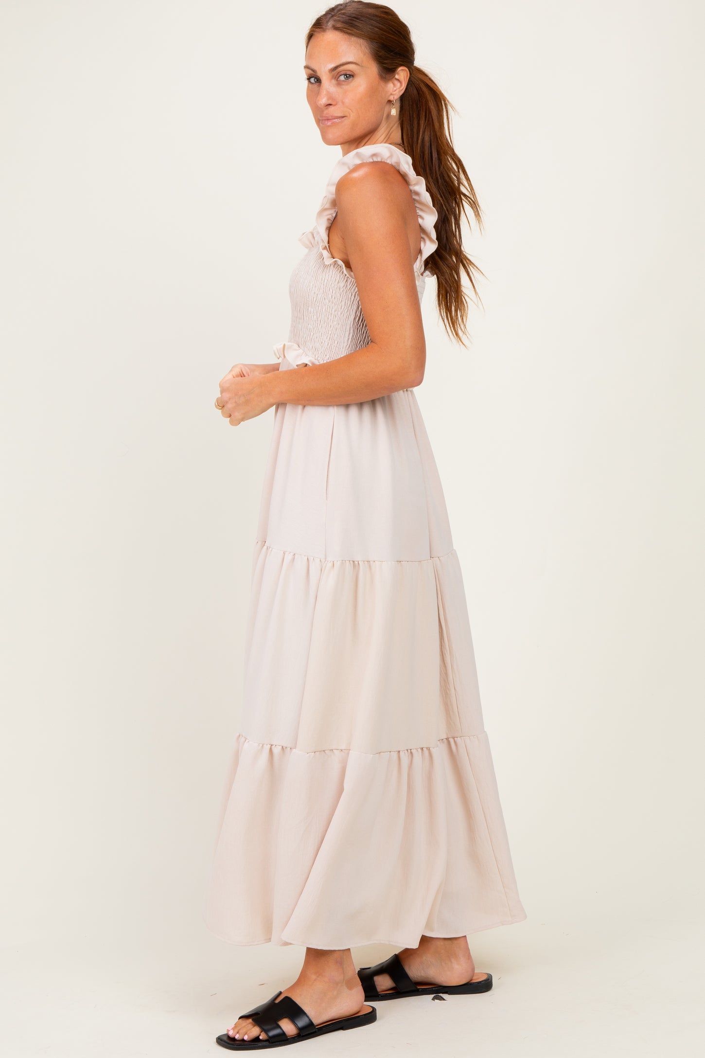 Beige Sleeveless Smocked Tiered Maxi Dress