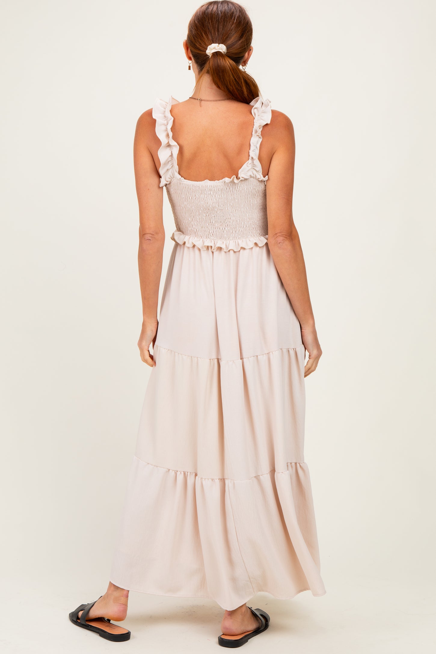 Beige Sleeveless Smocked Tiered Maxi Dress