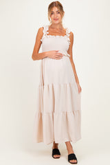 Beige Sleeveless Smocked Tiered Maxi Dress