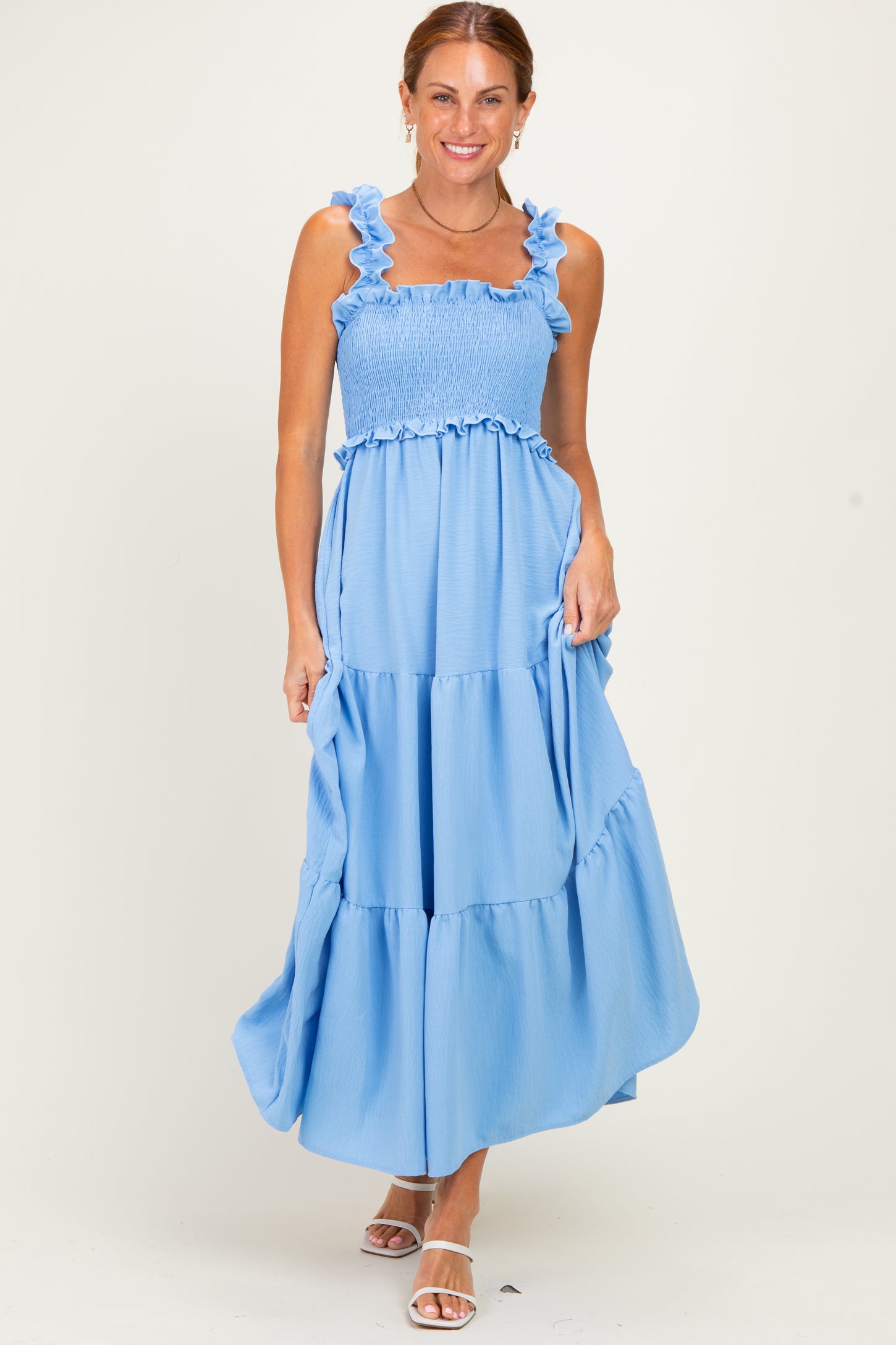 Light Blue Sleeveless Smocked Tiered Maxi Dress