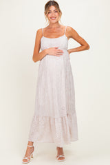 Beige Eyelet Lace Sleeveless Ruffle Hem Maternity Maxi Dress