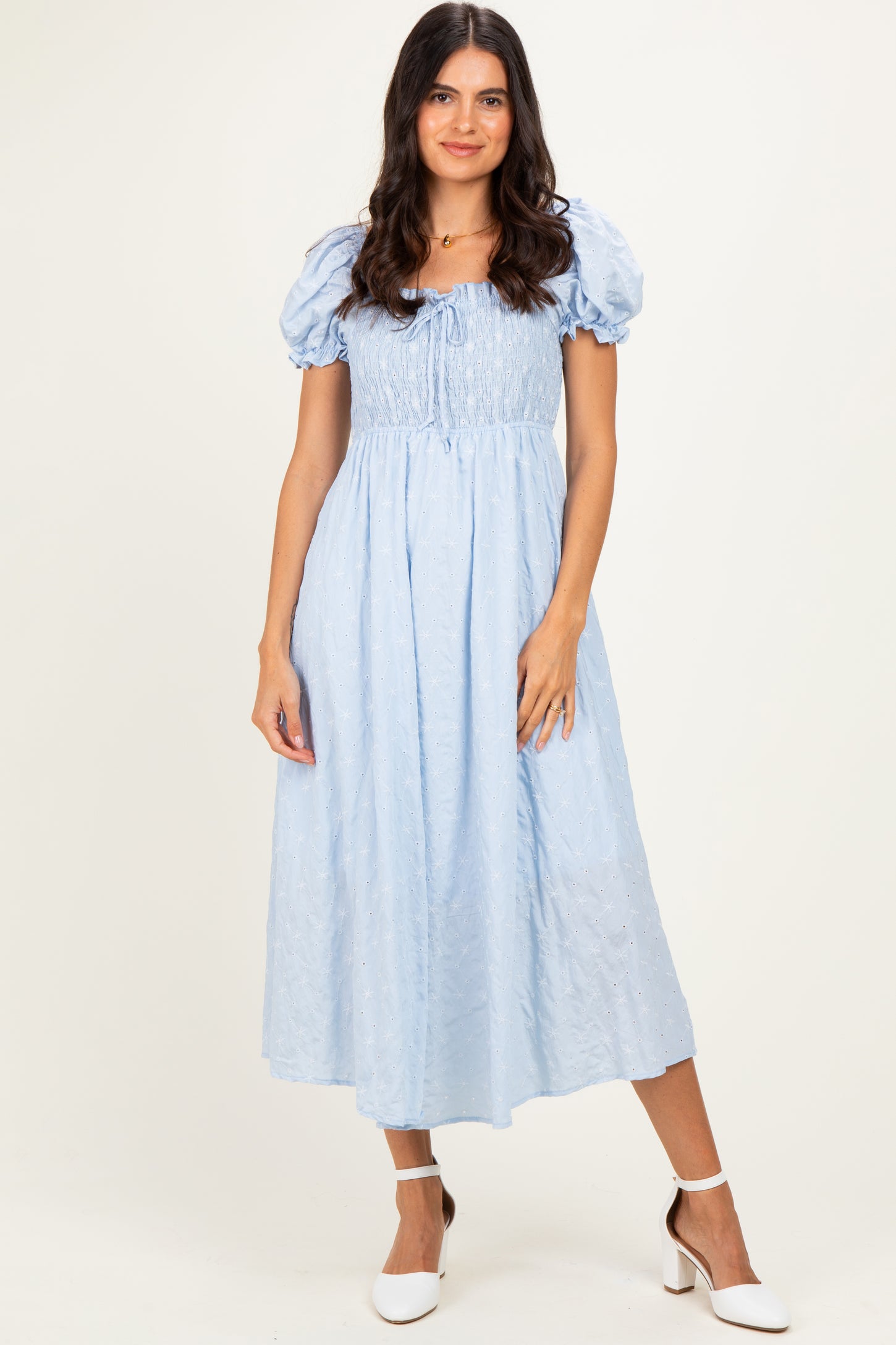 Blue Square Neck Puff Sleeve Midi Dress