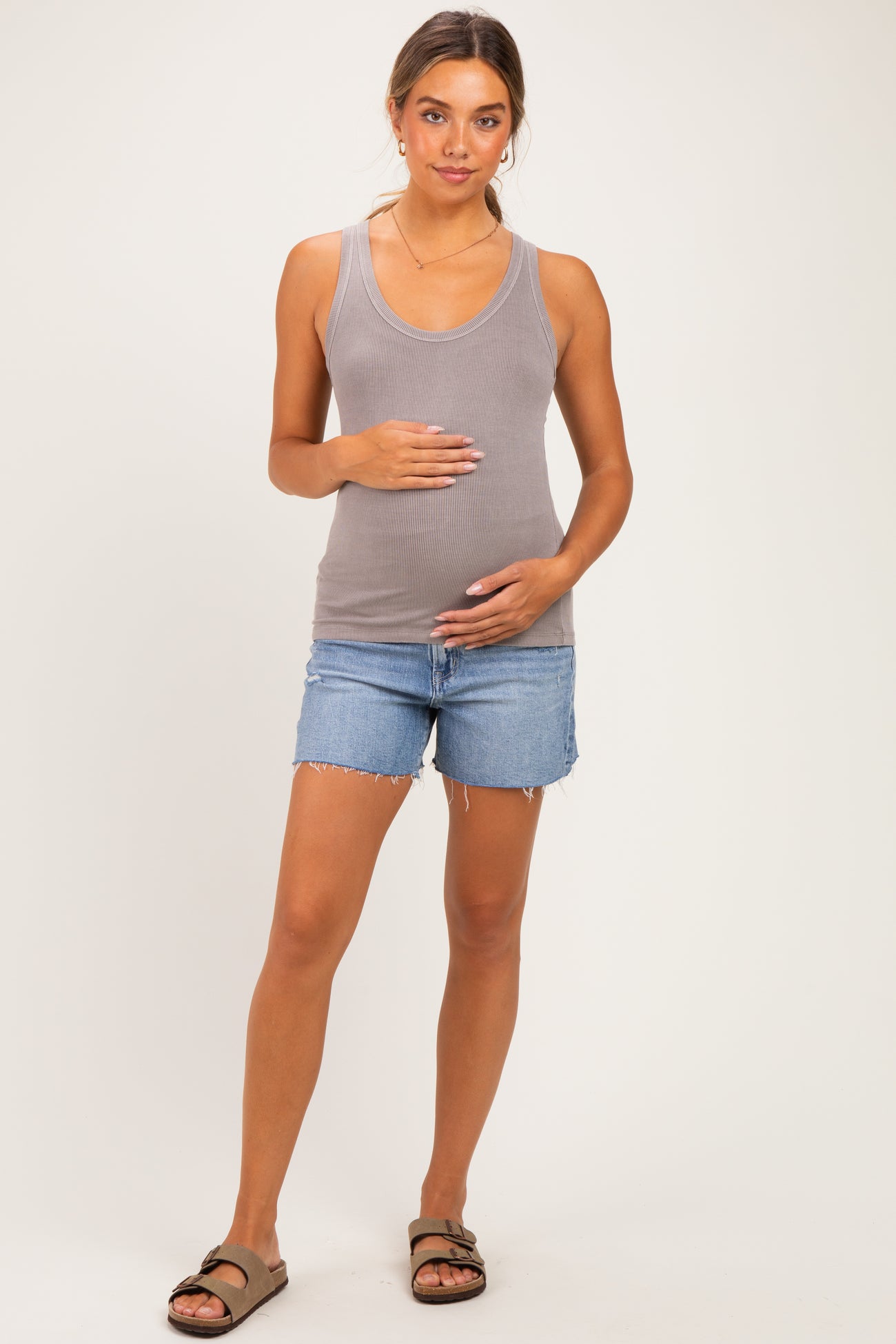 Blue Medium Wash Raw Hem Maternity Denim Shorts