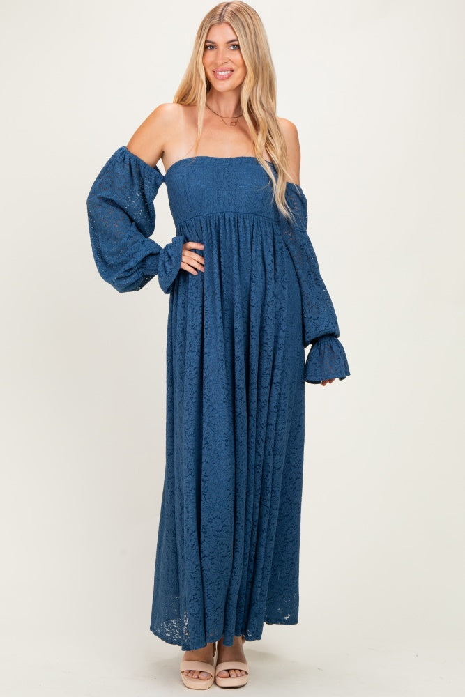 Blue Lace Floral Long Sleeve Photoshoot Gown/Dress