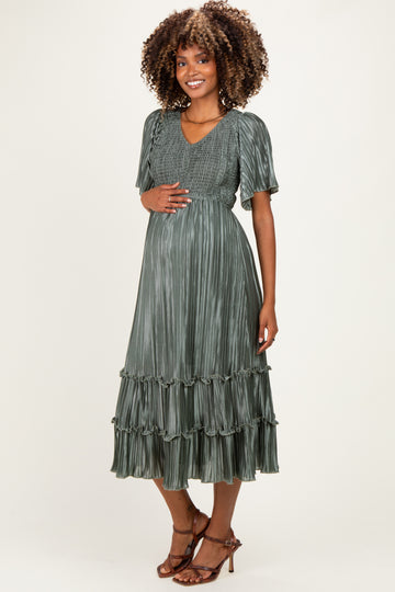 Olive Pleated Satin Smocked Maternity Midi Dress