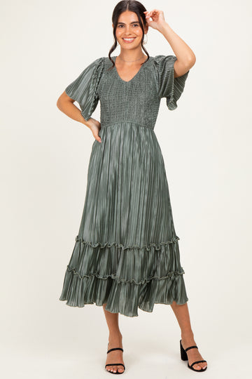 Olive Pleated Satin Smocked Midi Dress
