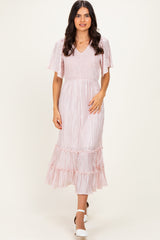 Pink Pleated Satin Smocked Midi Dress