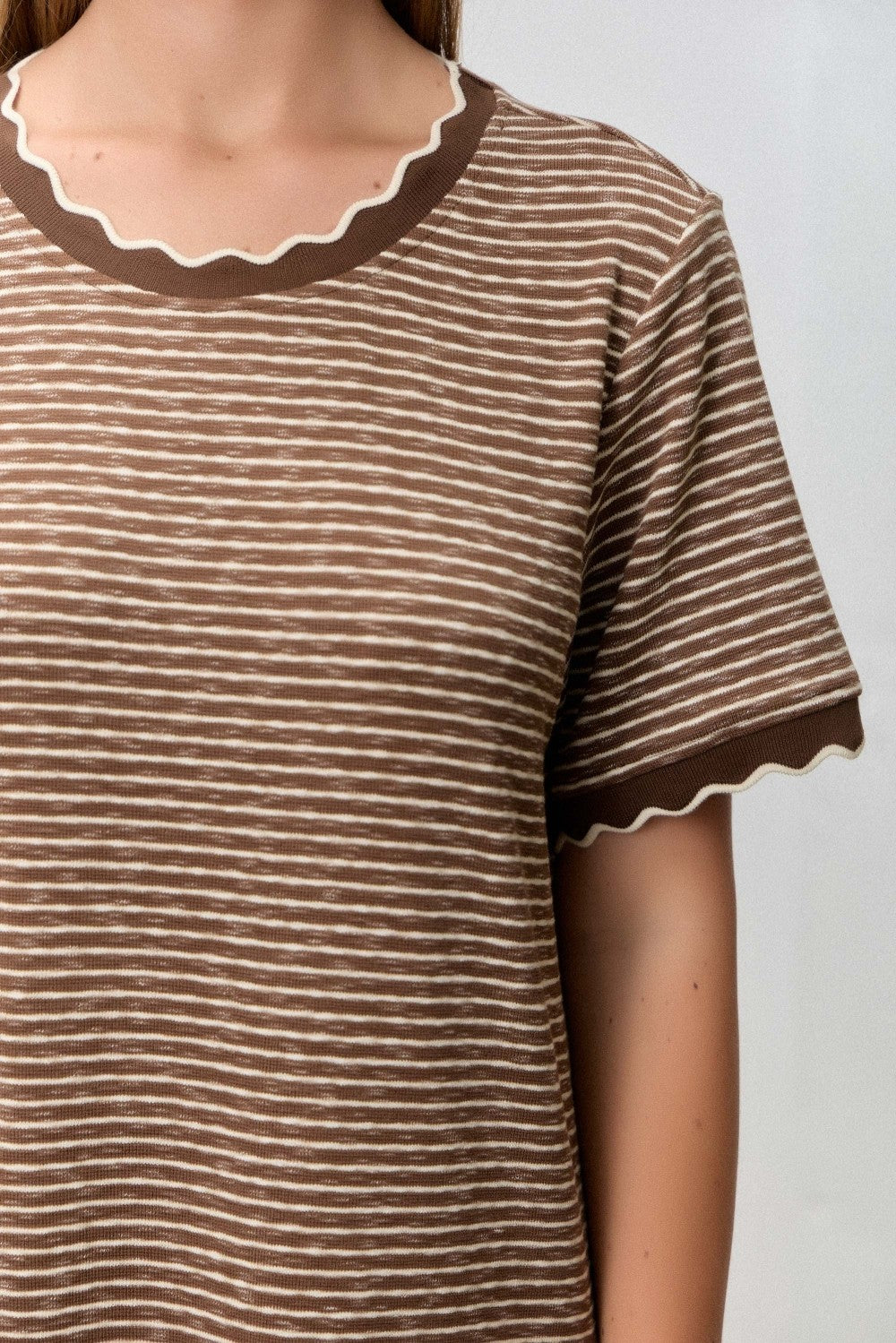Mocha Striped Knit Scallop Accent Maxi Dress
