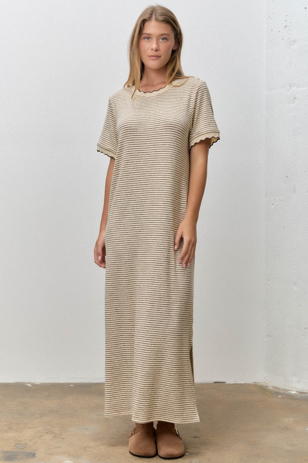 Cream Striped Knit Scallop Accent Maternity Maxi Dress