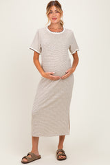 Cream Striped Knit Scallop Accent Maternity Maxi Dress