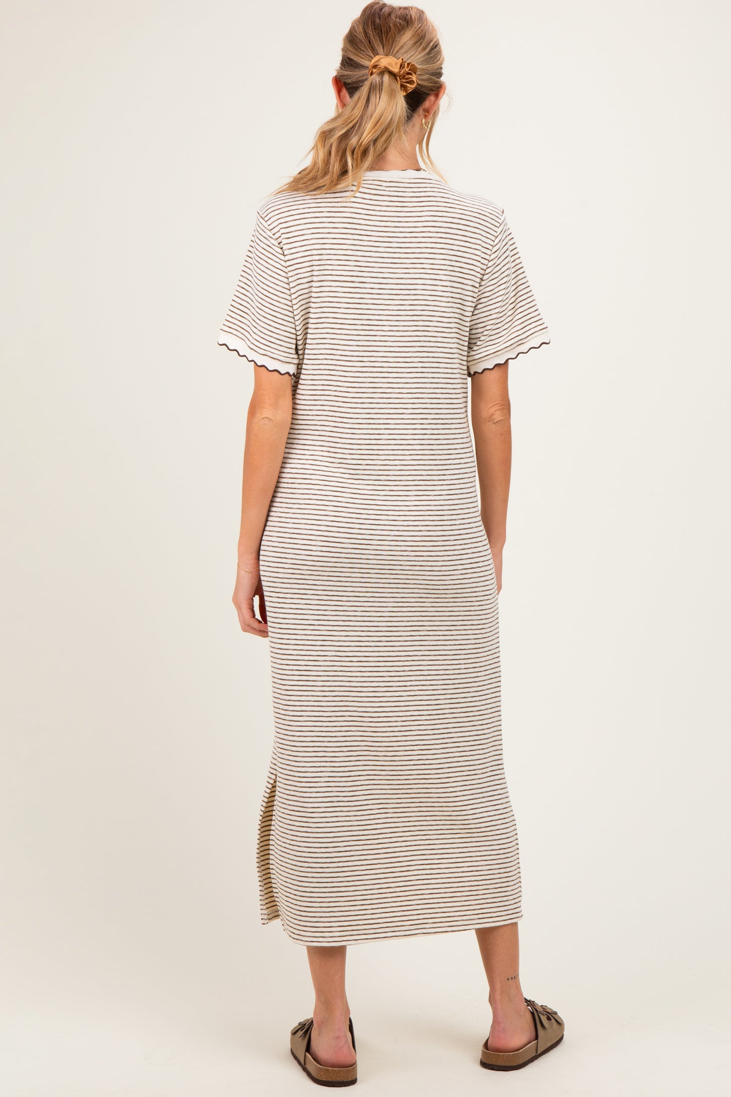 Cream Striped Knit Scallop Accent Maternity Maxi Dress