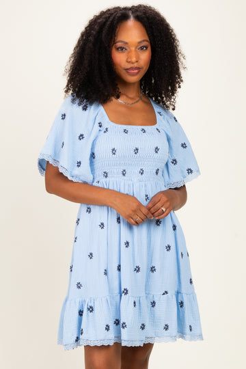 Blue Floral Embroidered Smocked Dress