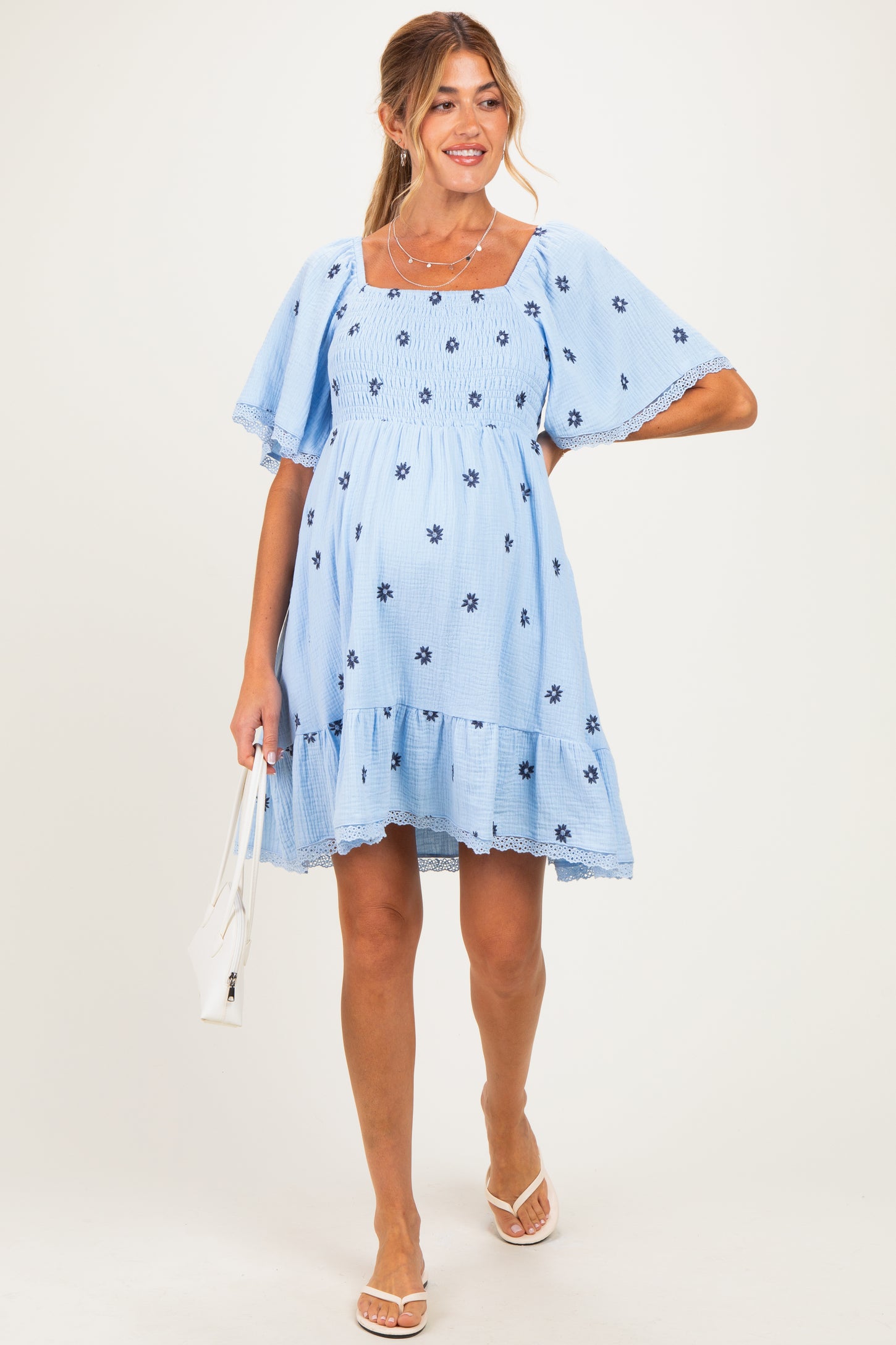 Blue Floral Embroidered Smocked Maternity Dress