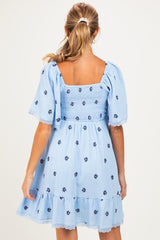 Blue Floral Embroidered Smocked Maternity Dress