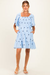 Blue Floral Embroidered Smocked Maternity Dress
