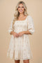Beige Floral Embroidered Smocked Dress