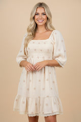 Beige Floral Embroidered Smocked Maternity Dress